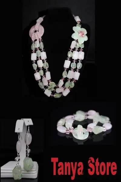 ROSE QUARTZ & PREHNITE NUGGETS & JADE BRACELET NECKLACE EARRING, View more