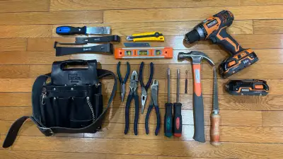 Contractor Tool Bundle – RIDGID Drill + Hand Tools + Leather Bag, View more