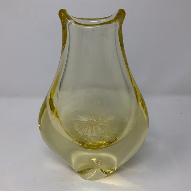 Zelezny Brod Sklo Czech Citrine Glass Vase Etched Butterfly in Arts & Collectibles in Kitchener / Waterloo