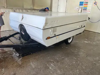 Tent trailer. Material is mostly vinyl. 2000s model. Had plans to patch it up but turns out I won’t...