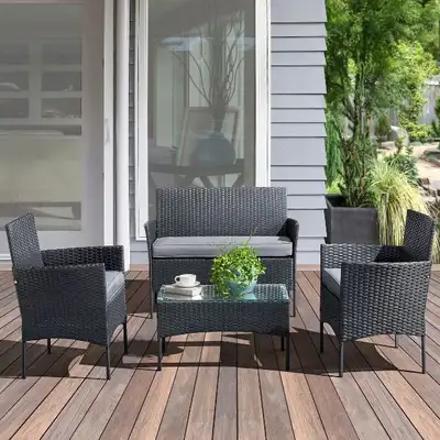 4pc Rattan wicker Outdoor Sofa, 2 Cushioned Chairs, and Table , View more