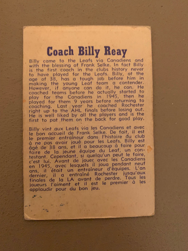 1957/58 Parkhurst Coach Billy Reay Toronto Maple Leafs - see con dans Art et objets de collection  à Ville de Montréal - Image 2