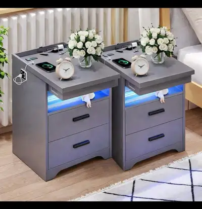 Set of 2 Nightstand with Gun Drawer, Charging Bedside Table with, View more