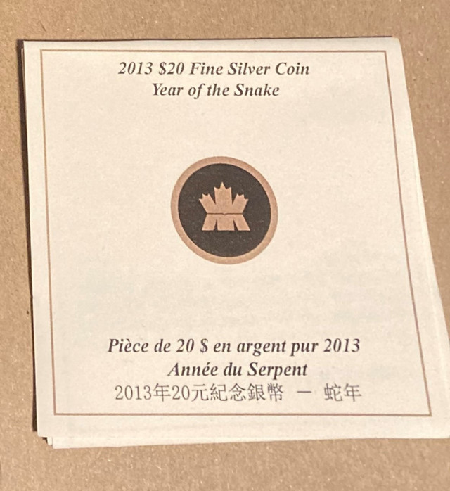 CANADA 2013 $20 FINE SILVER COIN "YEAR OF THE SNAKE" in Arts & Collectibles in Cole Harbour - Image 2