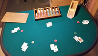 Blackjack tabletop w/ chips and card shoe
