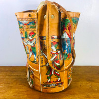 Vintage 1950s tooled leather Egypt bucket bag, Egyptian souvenir