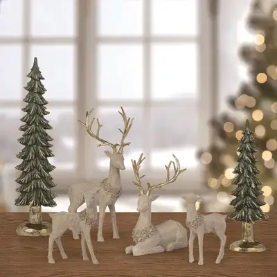Set of 6 decorative holiday pieces Includes 4 sculpted deer + 2 detailed trees Hand-painted with ext...