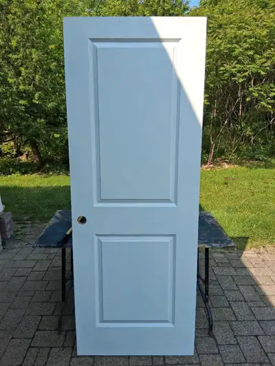 True 30" by 80". Hollow core. Smooth skin, excellent finish. 2 panel raised. This was a pocket door....