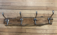 4 Hook Coat Rack, Wall Mounted, Hardwood Plank with silver finis