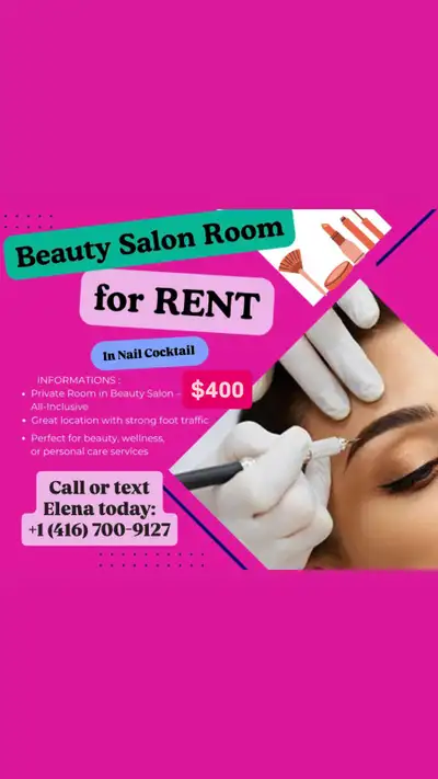 Beauty Room for Rent – Vaughan / Concord Fully equipped space for nail, lash, PMU, or massage specia...