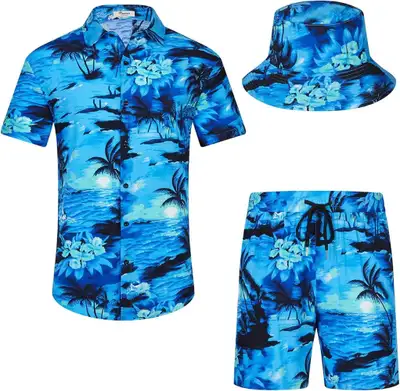 New Men's Casual Short Sleeve Shirt, Short and Bucket Hat-XXL, View more