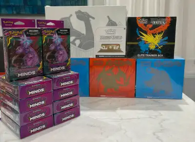 I have a selection of new Pokémon TCG items including Hidden Fates Elite Trainer Boxes, Unified Mind...