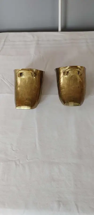 Pair of vintage solid brass Spanish saddle stirrup battle shoes. Engraved in front.