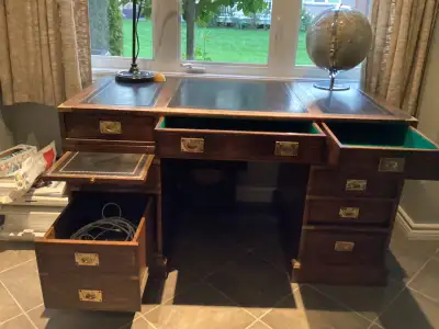 custom-made solid oak/leather military-style  desk and credenza, View more