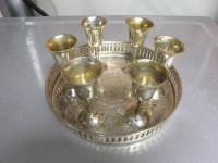 Vintage Silver plated 6 cup wine chalice goblet set w/tray India