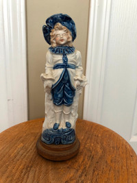 Vintage Victorian Blue and White Porcelain Figurine on Wood Base