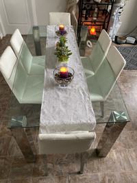 Modern Glass Metal Dining Table &6 Chairs