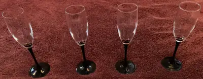Set of Four (4) Champagne Glasses with Black Stems, View more
