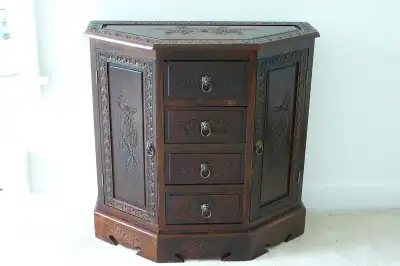 vintage, antique, carved wooden octagonal cabinet, View more