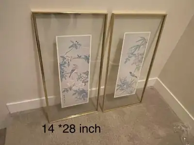 Asian oriental pictures of birds complete with  gold glass frame, View more