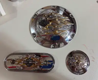 Old school Harley genuine dress up parts. Gold and Chrome Flame, with Bar and Shield. Fits 2008 Spor...