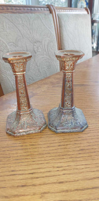 Pair of beautiful Vintage Dutch repouse Cooper 6.5"  candle hold