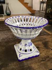 Hand Painted Blue and White Reticulated Porcelain Pedestal Bowl