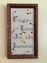 Vintage Hand-Stitched Needlepoint Wall Hanging in wooden frame