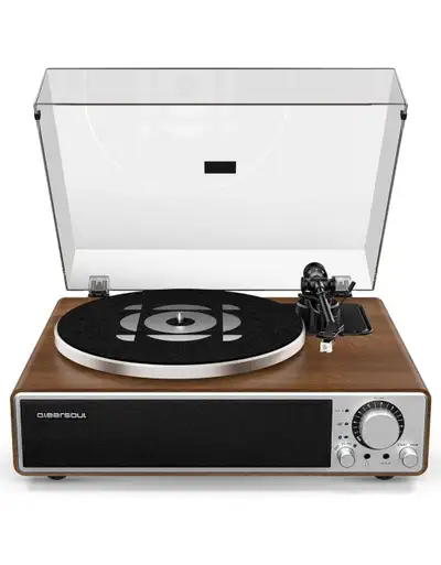 Qlearsoul ONE-Q all-in-one vinyl record player. Features: It features built-in speakers and a switch...