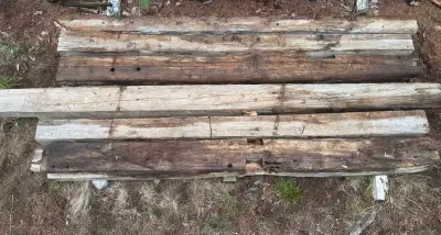 Reclaimed Hand-Hewn Wooden Beams. $75 Each. Near Berwick, NS. Approximately 6.5” x 5” to 7.5” x 8”,...