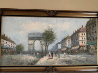 Painting scene streets of Paris 54 x 32” gold framed picture
