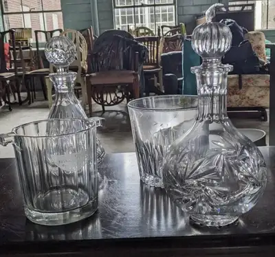 VINTAGE CRYSTAL BARWARE - 2 ICE BUCKETS / 2 DECANTERS, View more