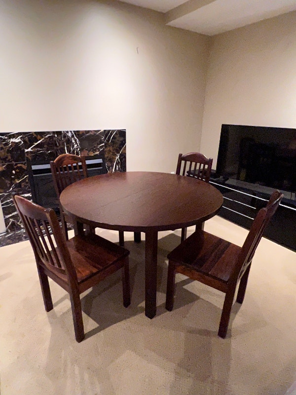 IKEA pine 47 inch round dining table and four chairs Dining Tables