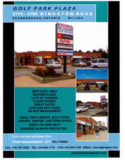 Excellent office showroom space. Great exposure on Kingston Rd. Fully leased plaza very well managed...