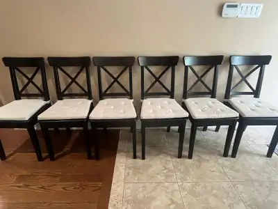 Set of 6 Black Wooden Dining Chairs w/ Cushions - Great Cond., View more