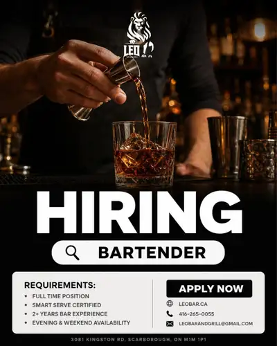 Hiring: Full-Time Bartender! Must have 2+ years experience, View more