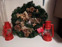 PRECIOUS NEW WREATH WITH 2 NEW RED 17" LED LANTERNS