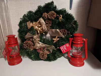 PRECIOUS NEW WREATH WITH 2 NEW RED 17" LED LANTERNS, View more