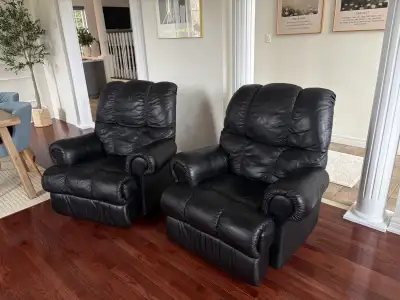 2 black genuine leather recliner rocking chairs , View more