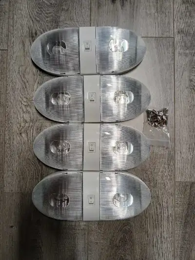 Two 12 Volt RV Double Dome Lights with On/Off Switch and Removable Lenses. With mounting screws. Per...