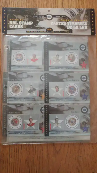 OFFICIAL NHL STAMP CARDS SET OF 6 JEAN BELIVEAU EDDIE SHORE BOBBY HULL TERRY SAWCHUK DENIS POTVIN SY...