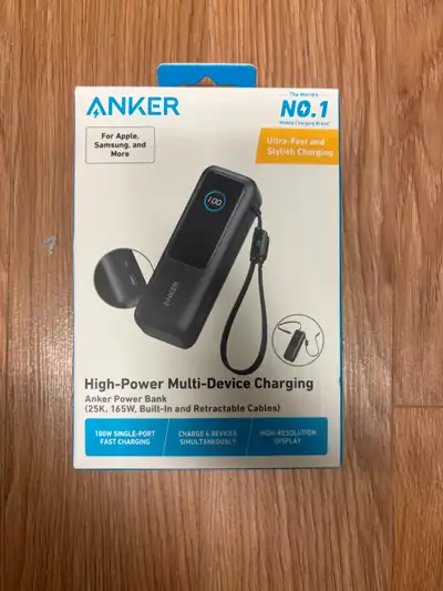 Brand new and factory sealed Anker Power Bank with 25,000mAh capacity, 165W total output, built-in U...