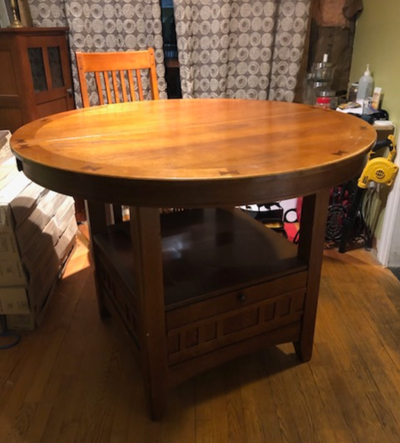 Oak high-top dining room table with six chairs, View more