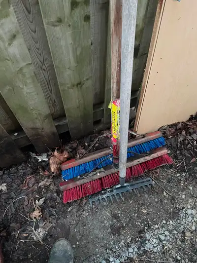 2 brooms and a claw rake, View more