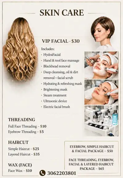 facial and haircut, View more