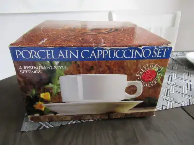 . BRAND NEW . . 4 Porcelain Oversized Cappuccino Cups, Saucers BRAND NEW . Restaurant Style . Microw...