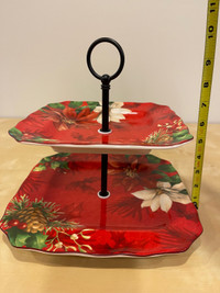 Christmas Two Tiered Serving Platter, 10” wide x 10” tall,