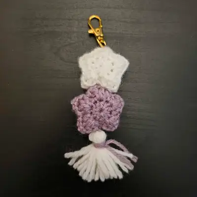 Crocheted Stars Keychain #8 (White & purple), View more