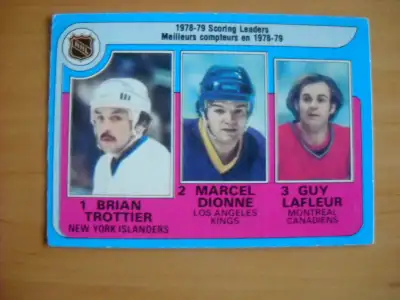 3 cartes de hockey des meneurs (points, buts, moyenne) de 1979, View more