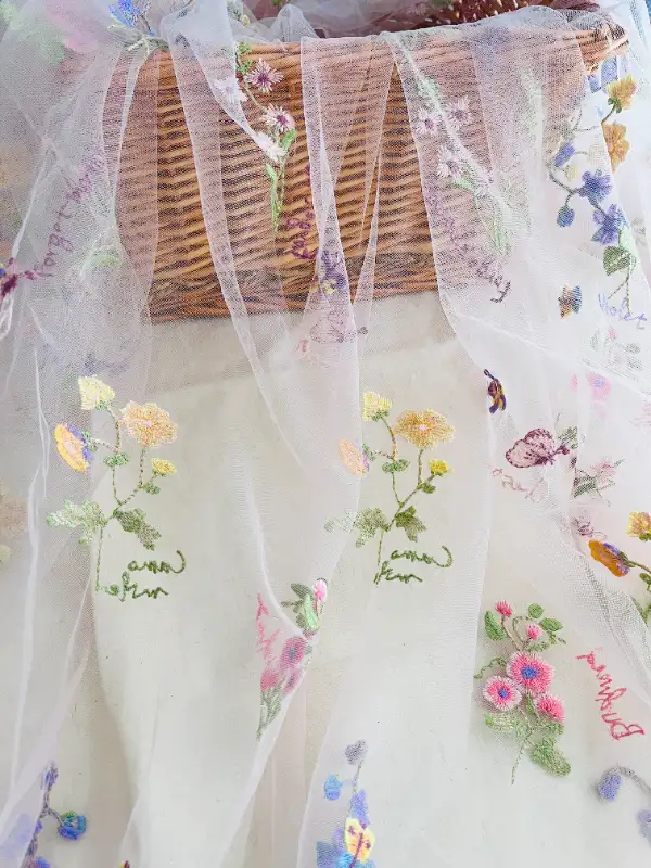 1.8x1yd Embroidery Flowers Butterflies on Mesh Pink Fabric